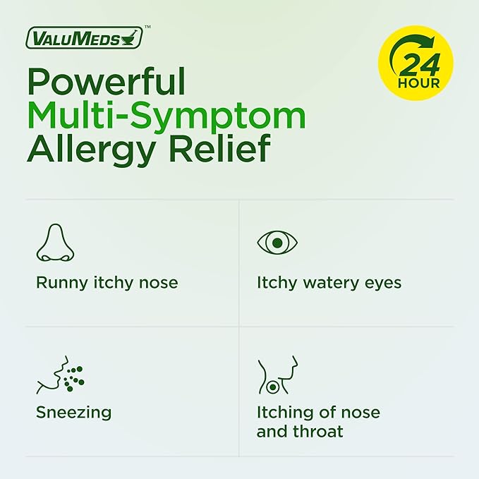 ValuMeds 24-Hour Allergy Medicine Antihistamine for Pollen, Hay Fever, Dry, Itchy Eyes, Allergies | Cetirizine HCl 10mg Caplets, Compare to Leading Brand (100 Count)
