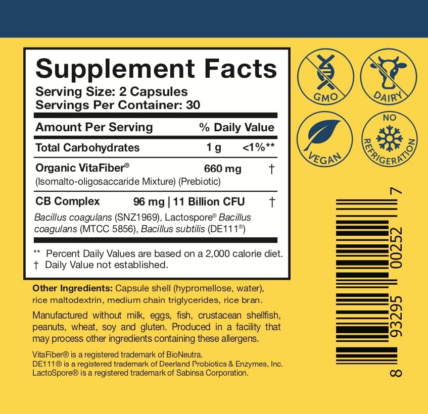 Researched Nutritionals Gut Health Supplements with Prebiotics & Probiotics for Women & Men - CoreBiotic - 3 Spore Based Probiotic Strains + Organic Prebiotic Fiber - Shelf-Stable (60 Capsules)