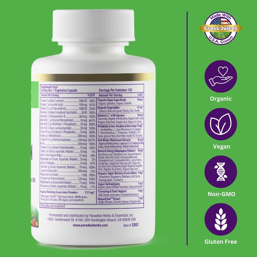 Paradise Herbs Earth's Blend Once Daily Multivitamin for Men, No Iron, 48 Organic Superfoods, Probiotics, Antioxidants, Vitamins A, B12, C, D, K2,120 Count