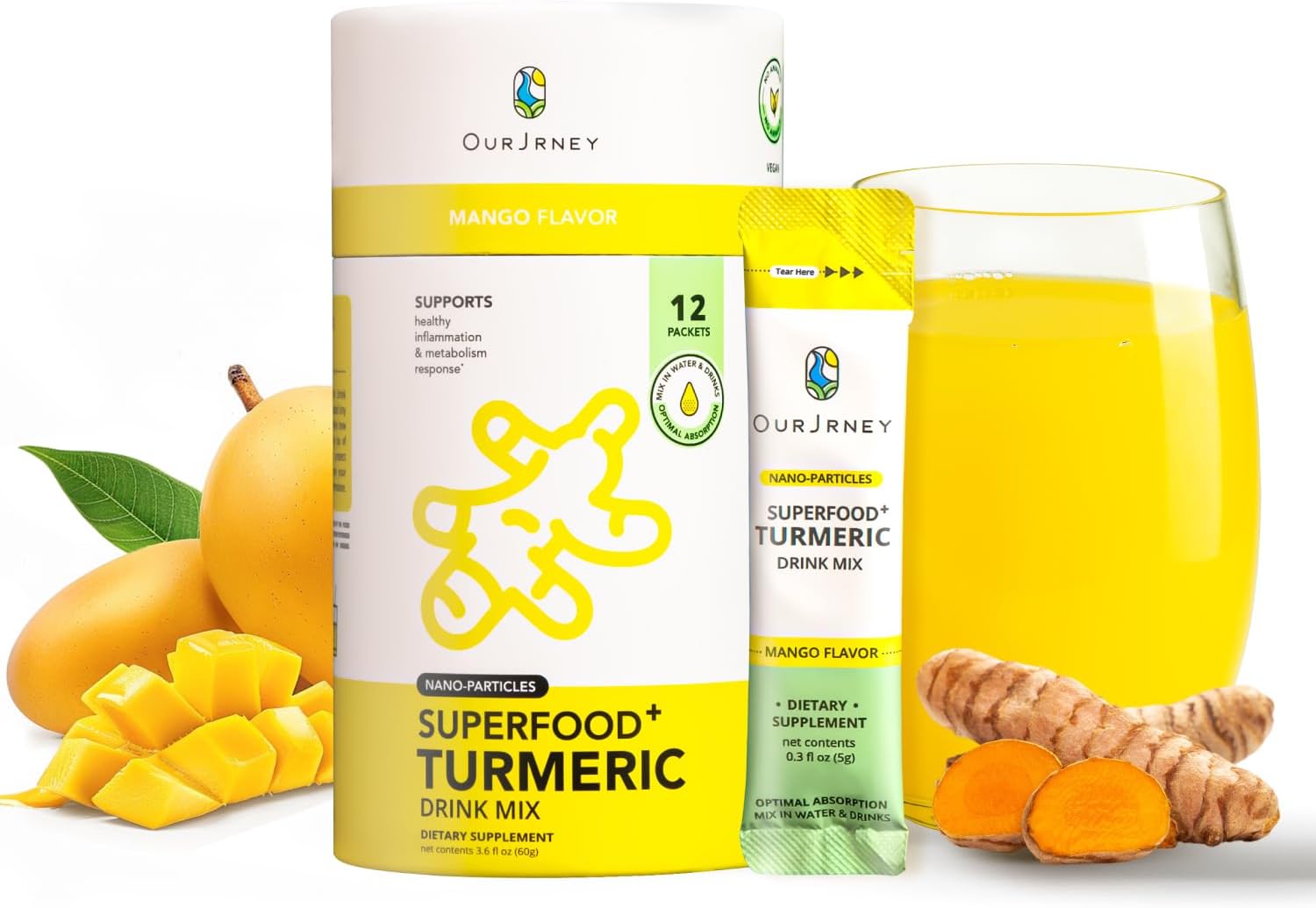 Nano Turmeric Curcumin Drink Powder, Golden Juice for Wellness & Immunity, No Turmeric Taste, Add to Smoothies/Water Daily Morning Routine–35X Absorption–Mango Flavor–Joint Support Supplement