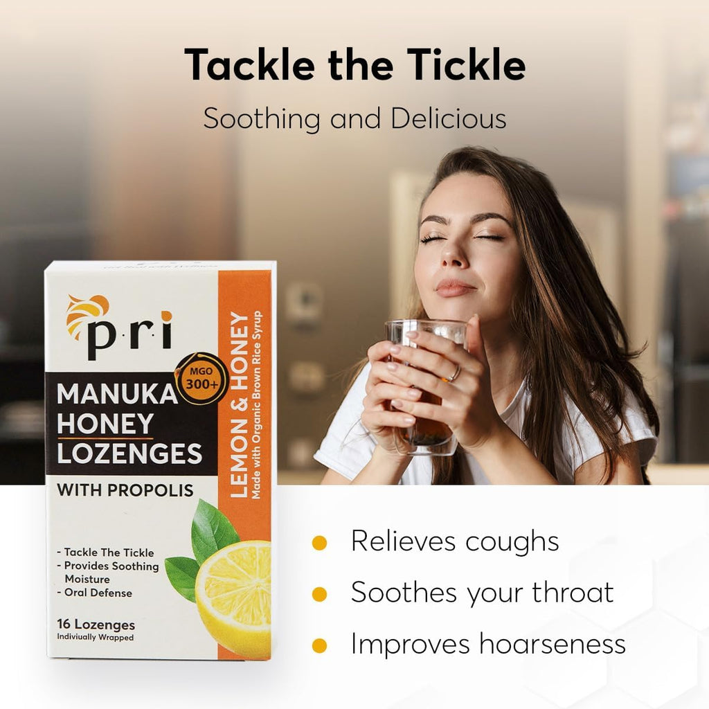P.R.I Manuka Honey Lozenges with Propolis, Soothing Cough and Throat Drops, MGO 300+ Certified, (Lemon, 16 Count/2 Pack)