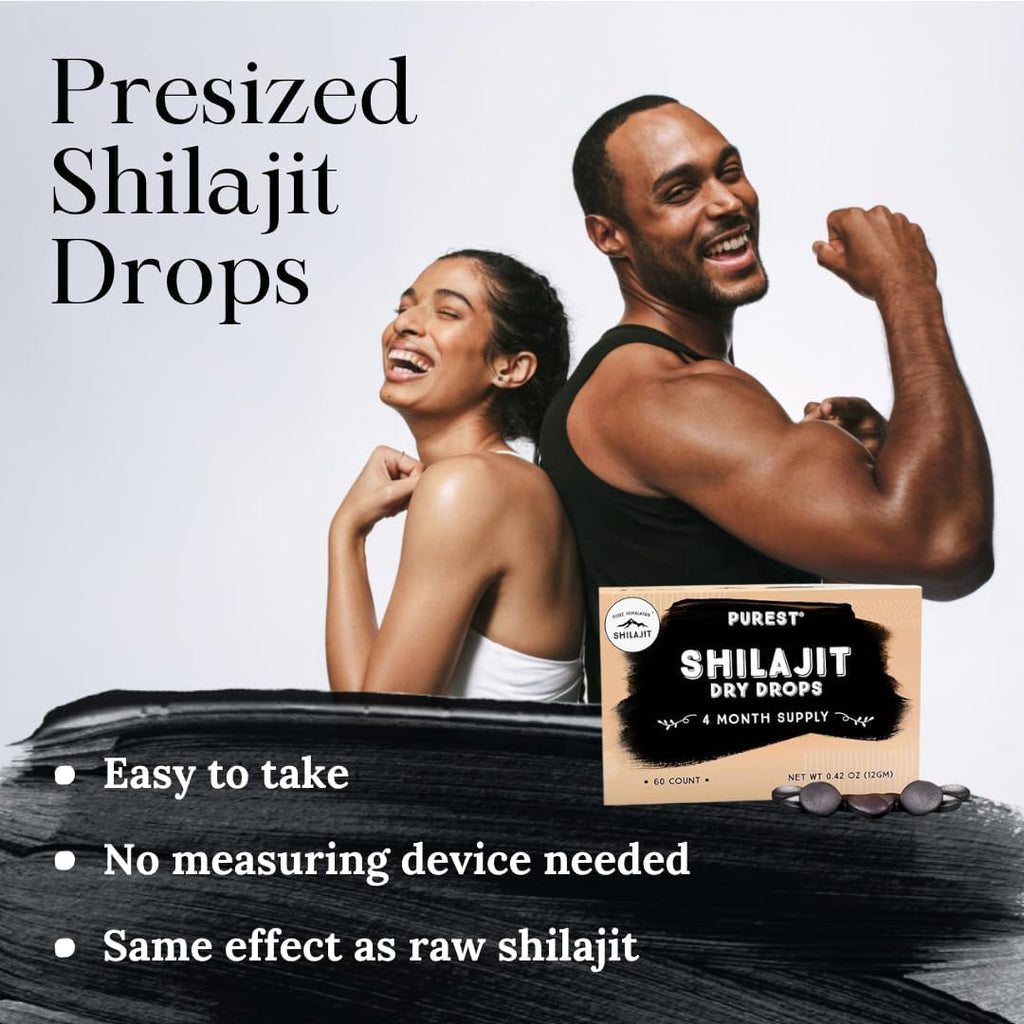 Pure Himalayan Shilajit Dry Drops, 100% Pure Natural Shilajit, Grade A, Max Potency 85+ Clean Trace Minerals & Fulvic Acid for Energy, Metabolism & Immune Support Supplement for Men & Women (60 tabs)