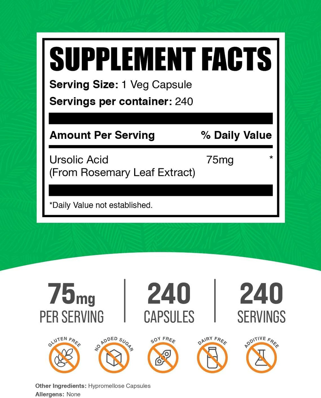 BulkSupplements.com Ursolic Acid Capsules - Ursolic Acid Supplement, Sourced from Rosemary Leaf Extract - Vegan, 1 Capsule per Serving (75mg), 240 Count (Pack of 1)