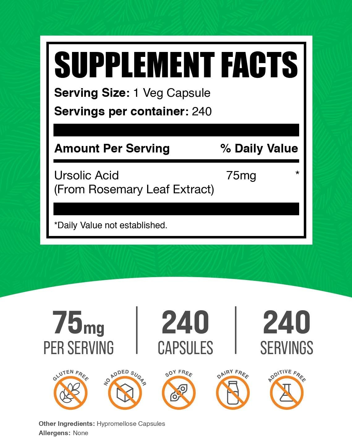 BulkSupplements.com Ursolic Acid Capsules - Ursolic Acid Supplement, Sourced from Rosemary Leaf Extract - Vegan, 1 Capsule per Serving (75mg), 240 Count (Pack of 1)