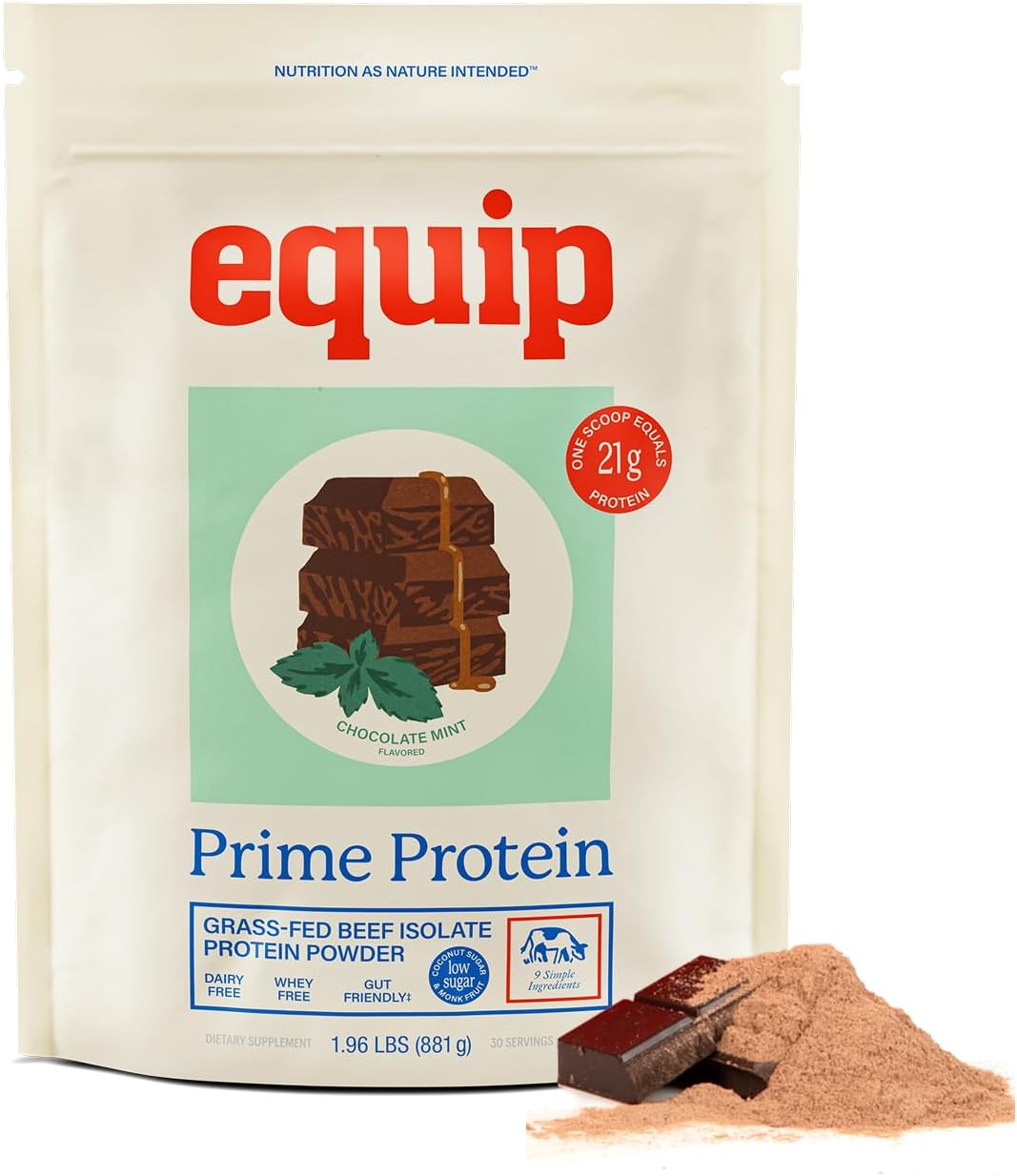 Equip Foods Prime Protein Powder | Clean, Grass Fed Beef Protein Powder for Women & Men | Carnivore Protein Isolate | Paleo, Keto Friendly | Gluten & Dairy Free | 30 Servings, Chocolate Mint