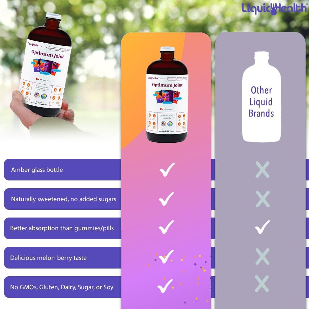 LIQUIDHEALTH Optimum Joint Support Liquid Multivitamin with Glucosamine, Chondroitin, MSM, Hyaluronic Acid - Increase Mobility, Joint Comfort, for Runners & Athletes - Made in USA, Vegan (4 Pack)