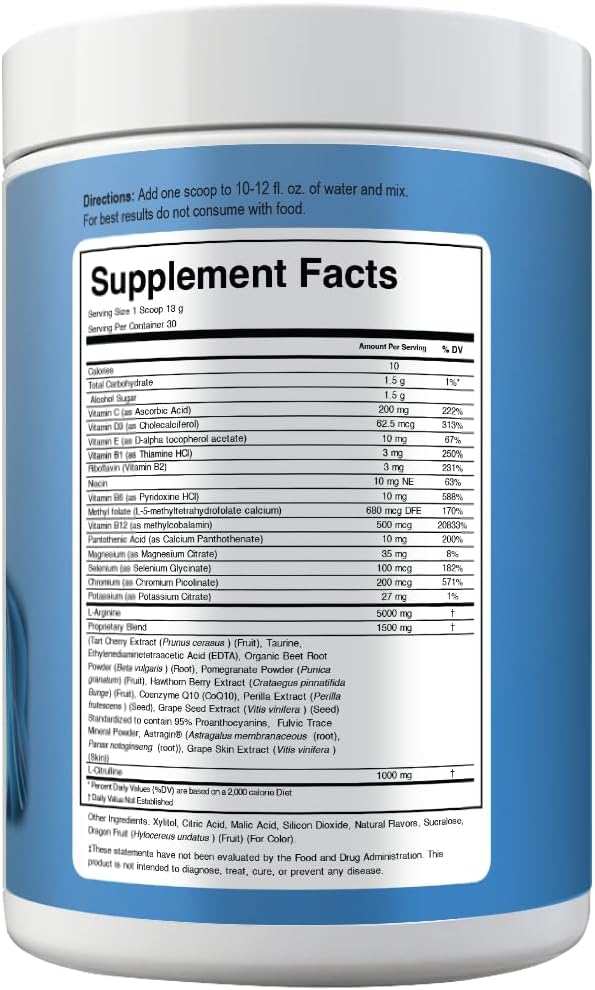 Combo+ L-Arginine 5000mg & L-Citrulline 1000mg Drink Mix, Mixed Berry, Vitamins B12, C, D3, CoQ10, Beet Root, Grape Seed, 30 Servings, 13g per Serving, Premium Wellness Supplement, 390g