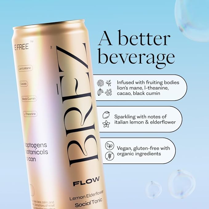 BRĒZ FLOW Lion’s Mane Mushroom Drink 12 Pack, Lemon Elderflower, Supports Mood & Focus, Non-Alcoholic Sparkling Adaptogen Drink, Functional Mushrooms, Feel Clear, Calm & Refreshed- 12 Fl oz Cans