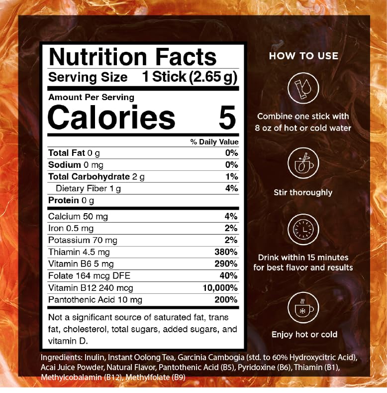 VitaCup Slim Instant Tea Packets For Diet Support, Oolong tea w/B Vitamins, Garcinia, Inulin & Acai, On-the-go Instant Sticks, 24 Ct
