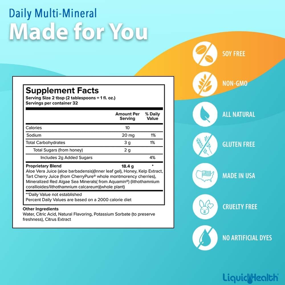 LIQUIDHEALTH Daily Multi Mineral Liquid Supplement with Fulvic Acid, Plant Based Ionic Aquamin Sea Trace Ocean Minerals - Immune Support, Energy, Gut Health, Detox - Made in USA, Vegetarian (32 oz)