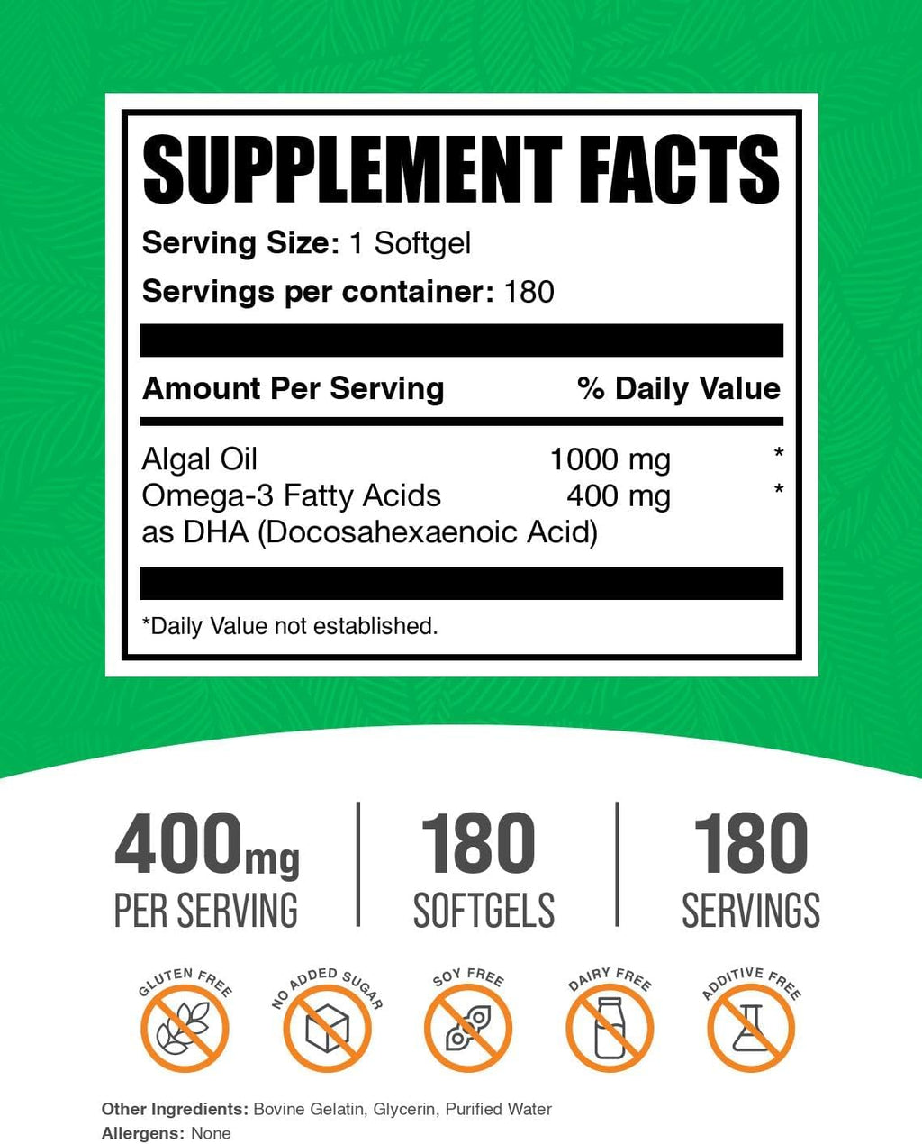 BulkSupplements.com Omega-3 Softgels - from Algal Oil, Algae Oil Omega 3 Supplement - Gluten Free, 1 Softgel per Serving, 180 Count (Pack of 1)