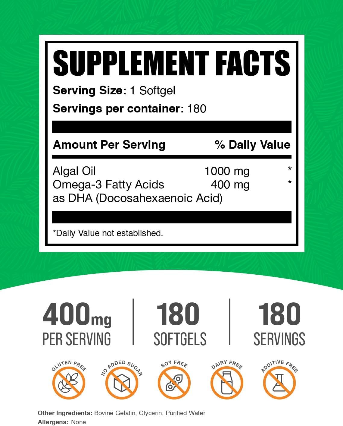 BulkSupplements.com Omega-3 Softgels - from Algal Oil, Algae Oil Omega 3 Supplement - Gluten Free, 1 Softgel per Serving, 180 Count (Pack of 1)