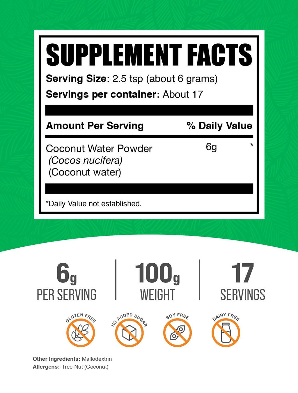 BulkSupplements.com Coconut Water Powder - Electrolyte Supplement, Water Flavoring & Enhancer - No Sugar Added & Gluten Free, 6g per Serving, 100g (3.5 oz) (Pack of 1)