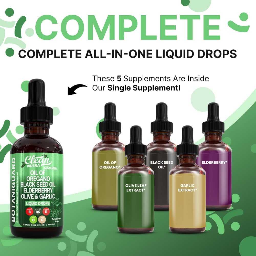 Clean Nutra Oil of Oregano Drops Black Seed Oil Elderberry Vitamin D D3 K2 Olive Garlic Immune Support Supplement Wellness Formula Zinc Supplements Liquid 2 Fl Oz BotaniGuard Vegan, Non-GMO
