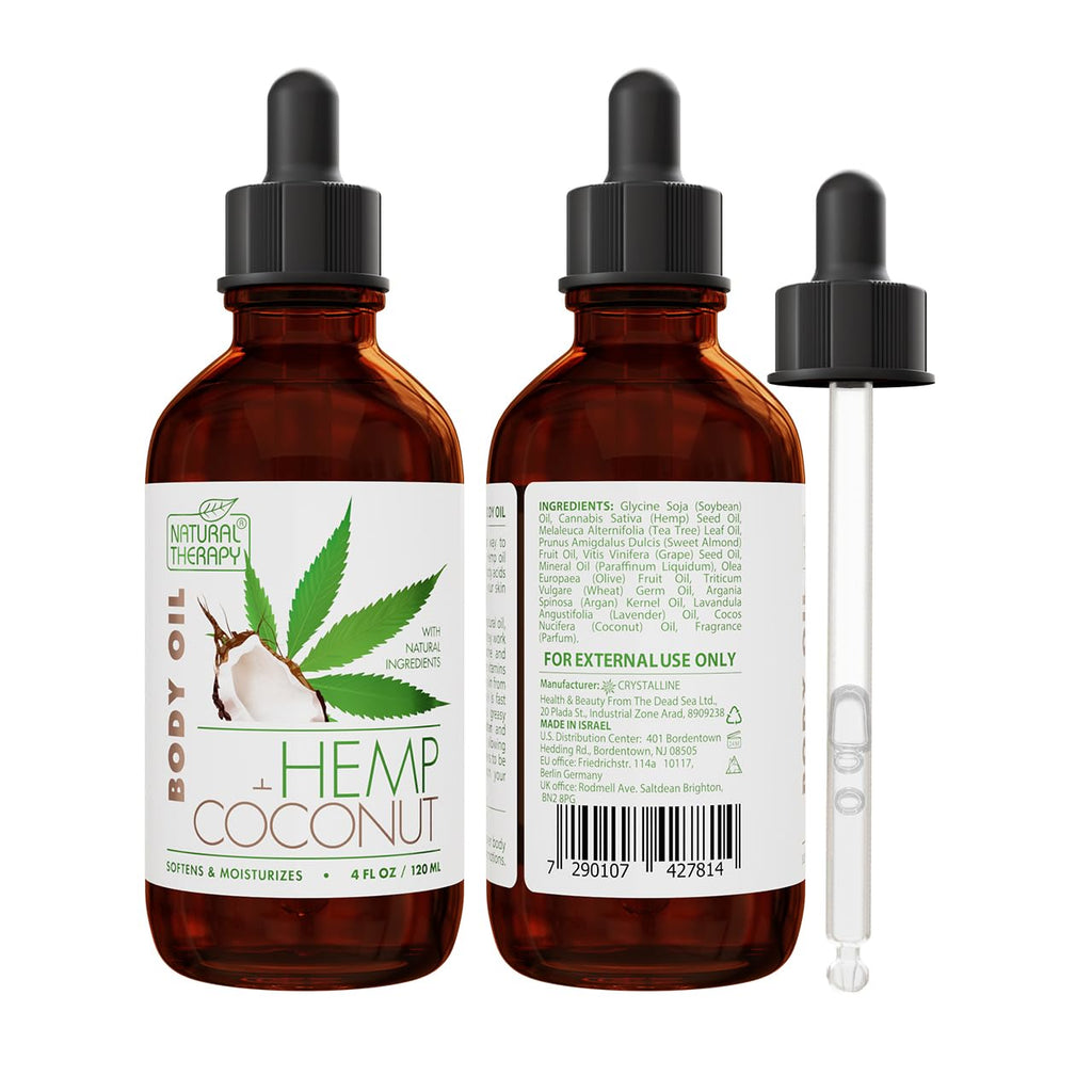 Natural Therapy Hemp & Coconut Body Oil – Moisturizing Body Oil – Hydrate & Soften Skin – Increase Skin Elasticity and Provide Anti-Aging Support (4 Fl.Oz)