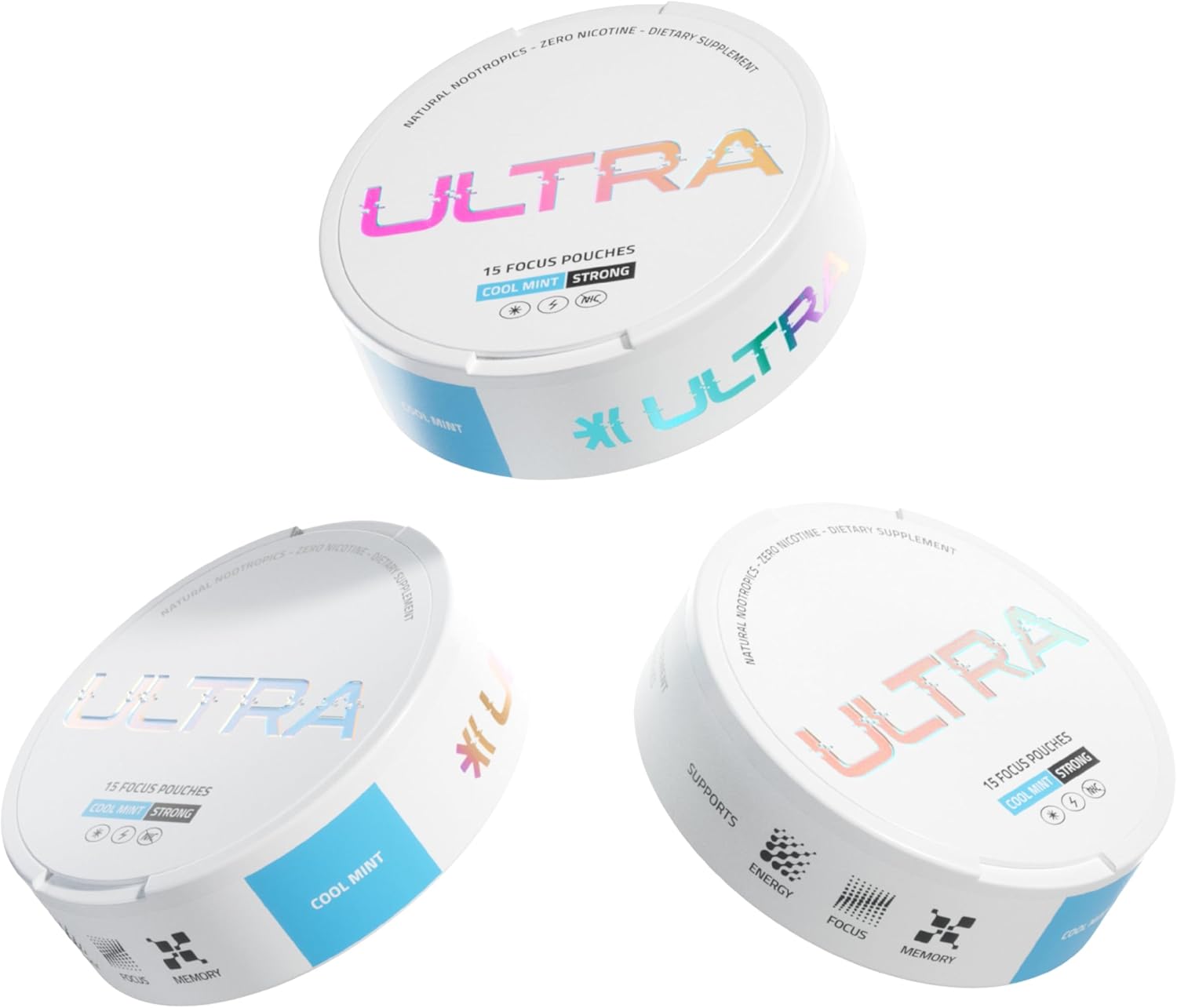 Ultra Focus Pouches with Vitamin B12, L Theanine, Vitamin B6, Ginseng & Alpha GPC, Natural Adaptogens and Nootropics for Energy and Clarity, Plant Based and Caffeine Free, Cool Mint, 3 Pack