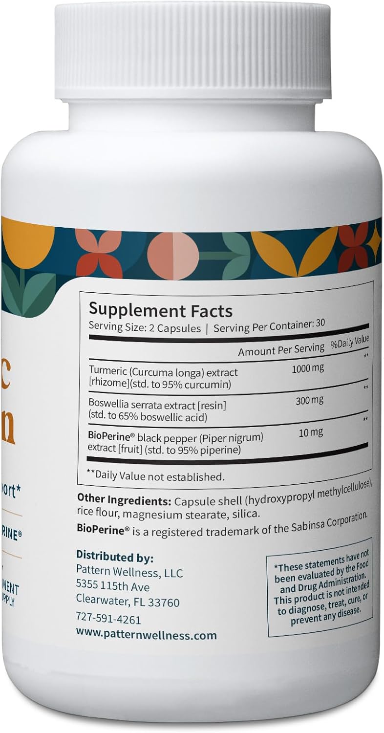 Pattern Wellness Turmeric Curcumin – 1300mg – 95% Curcuminoids with BioPerine® Black Pepper – Joint, Cognitive & Immune Support – Non-GMO, Gluten Free – 60 Capsules
