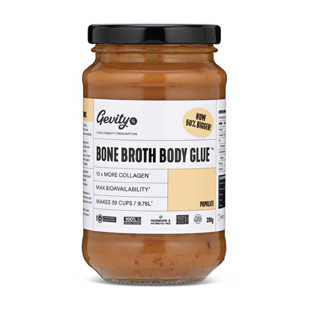 Gevity Rx Bone Broth Body Glue ® - POPULATE - Bone Broth - Concentrate - 10x more collagen* - 39 servings - Functional Ingredients - 100% Grass Fed Beef - 9.75 Litres 329 Fl. Oz."