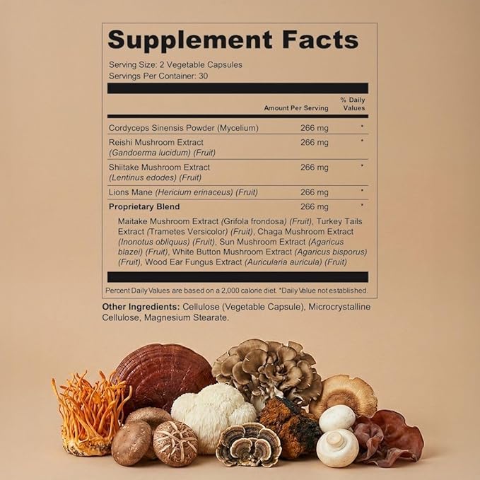 Vital 10-in-1 Mushroom Supplement Complex – High Potency Lion’s Mane, Cordyceps, Reishi & Turkey Tail Capsules – Nootropic Brain Support for Memory, Focus & Energy – 30 Day Supply