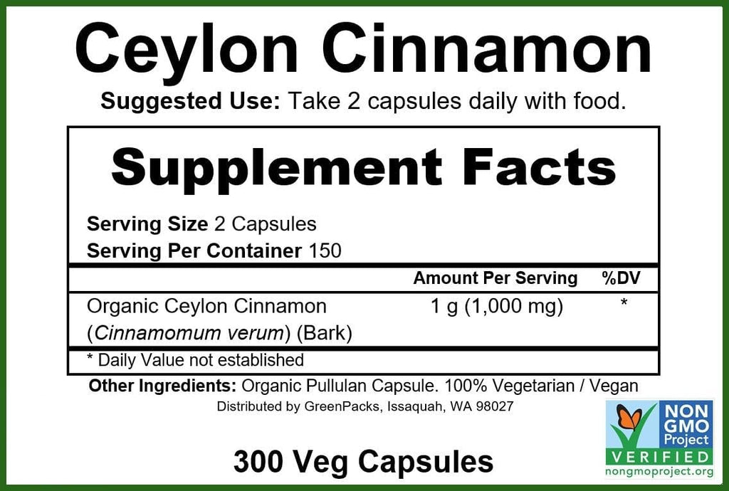 GreenPacks® Organic Ceylon Cinnamon Capsules | True Cinnamon | Non-GMO & Gluten Free Supplement - 300 Capsules