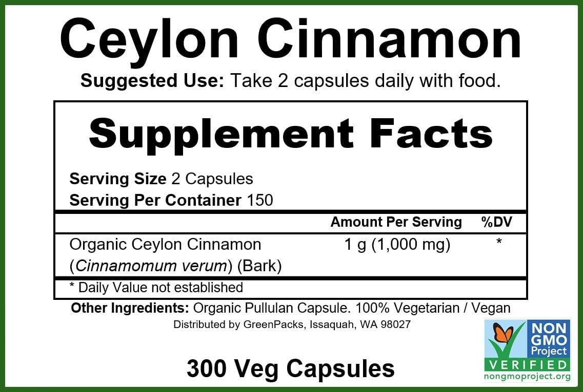 GreenPacks® Organic Ceylon Cinnamon Capsules | True Cinnamon | Non-GMO & Gluten Free Supplement - 300 Capsules