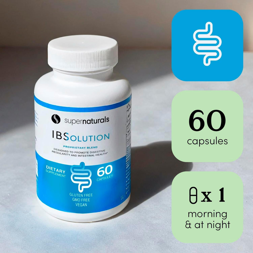 SuperNaturals IBSolution - Made in USA, Non-GMO, Gluten Free & Vegan (60 Capsules) - Digestive Gut Health Supplement With Psyllium Husk - Gas, Bloating, Diarrhea, Constipation Relief, Abdominal Pain