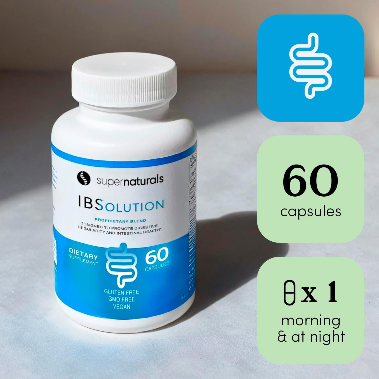 SuperNaturals IBSolution - Made in USA, Non-GMO, Gluten Free & Vegan (60 Capsules) - Digestive Gut Health Supplement With Psyllium Husk - Gas, Bloating, Diarrhea, Constipation Relief, Abdominal Pain