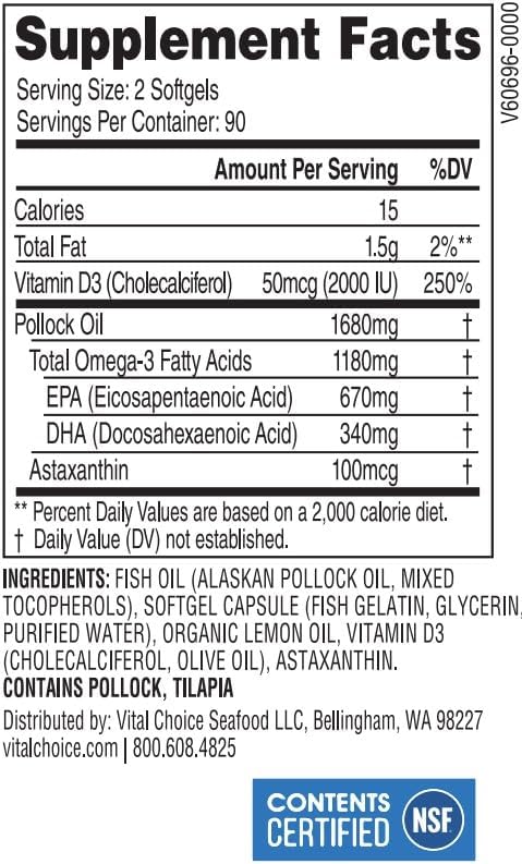 Vital Choice MSC Om3 Ultra+D Concentrated Omega-3 Fish Oil and Vitamin D3 Dietary Supplement, 180 Softgels