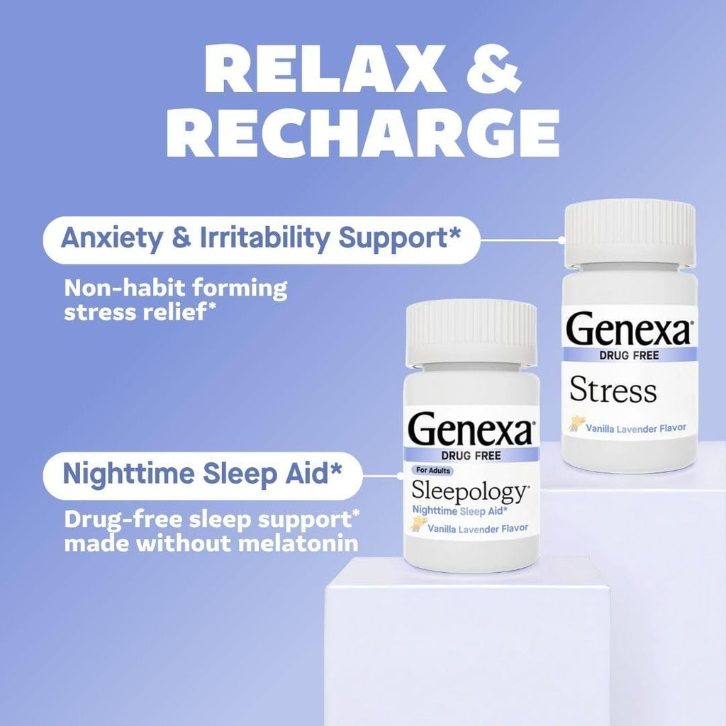 Genexa Sleep & Stress Bundle for Adults | Fatigue, Anxiety, & Irritability Relief | Melatonin-Free | Natural Vanilla & Lavender | Organic, Non-GMO, Homeopathic | 2 x 60 Tablets