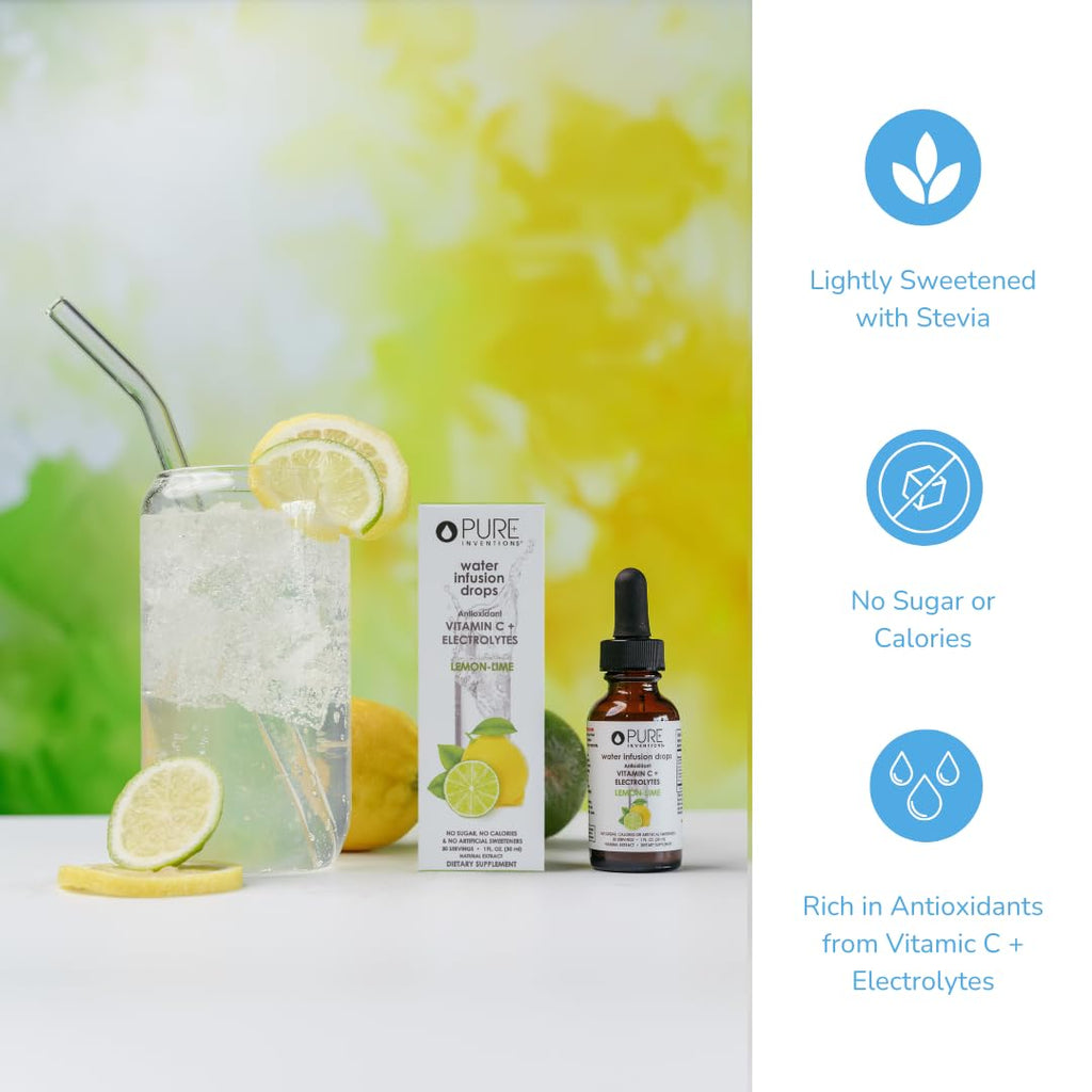 Pure Inventions - Lemon Lime Water Infusion Drops - Antioxidants, Vitamin C & Electrolytes - Health & Wellness Drink - Immunity Support -Sugar Free, Zero Calorie, No Artificial Sweeteners -30 Servings