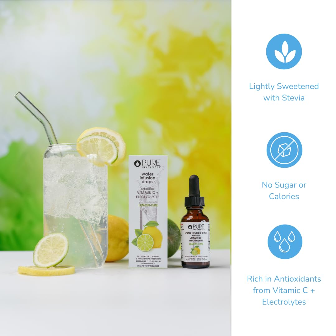 Pure Inventions - Lemon Lime Water Infusion Drops - Antioxidants, Vitamin C & Electrolytes - Health & Wellness Drink - Immunity Support -Sugar Free, Zero Calorie, No Artificial Sweeteners -30 Servings