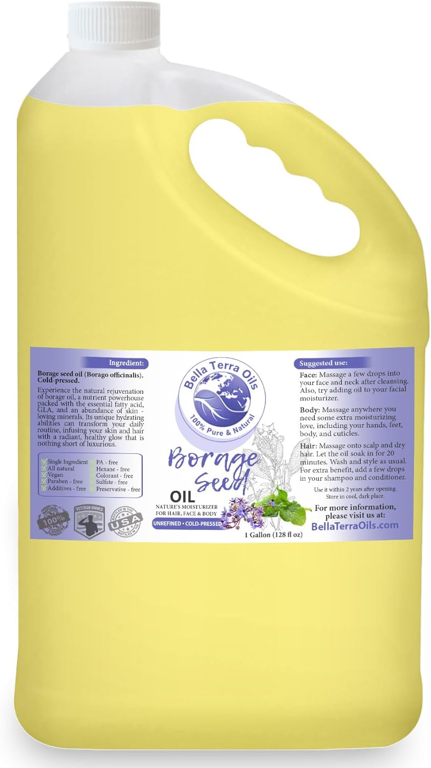 Borage Seed Oil with High GLA – 1gallon, for Supple, Hydrated Skin, Nourishing, Non-Greasy, Revitalizing – Bella Terra Oils
