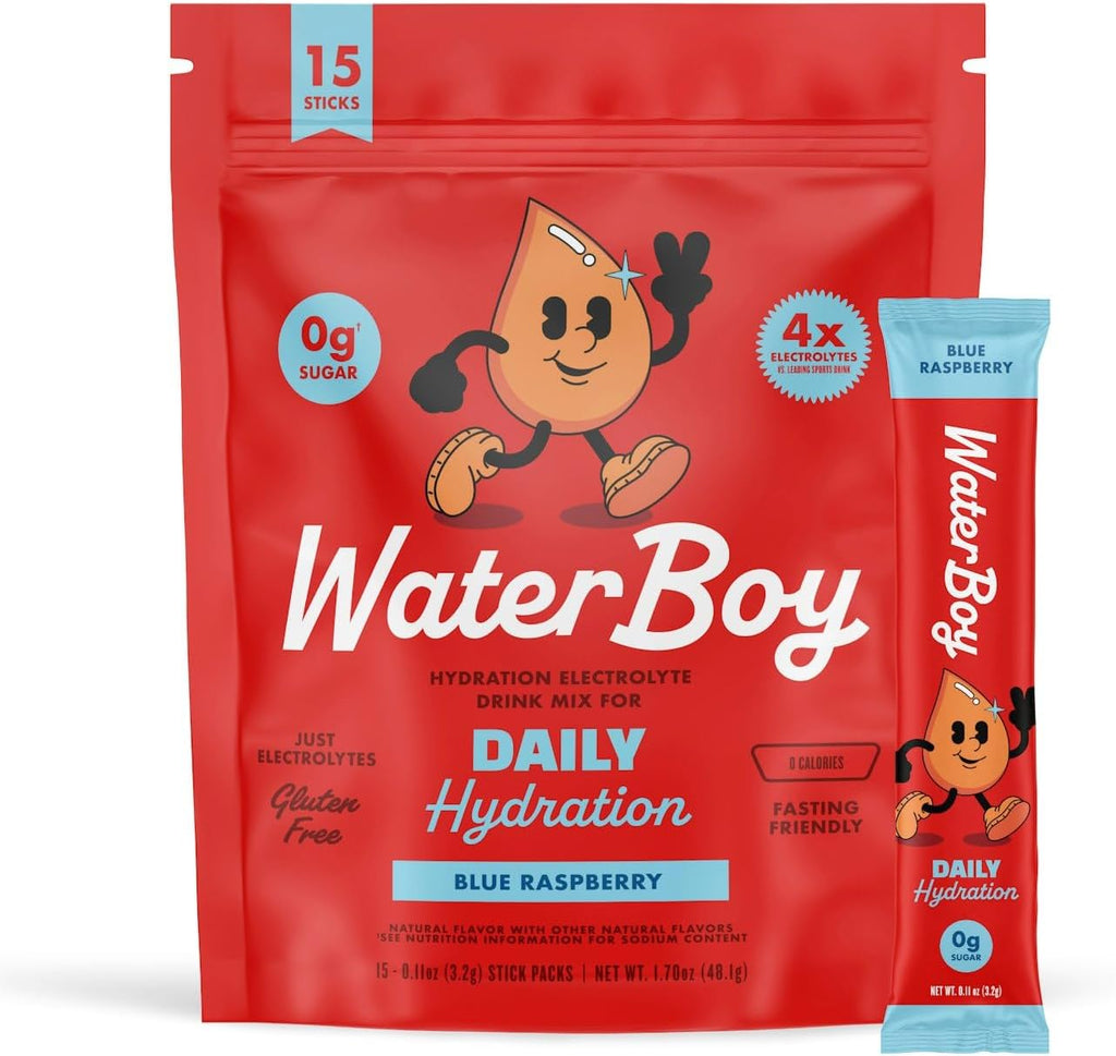 Waterboy Daily Hydration | 1,570mg Electrolyte Powder Packets | No Sugar, All Natural, Gluten Free, Zero Calories | 15 Drink Stick Mixes (Blue Raspberry)