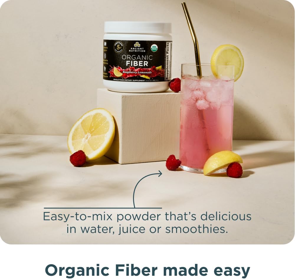 Ancient Nutrition Organic Fiber Powder, Raspberry Lemonade, Soluble Fiber from Acacia & Konjac Root, Supports Digestive Health, Reduces Bloating, 6.5 oz