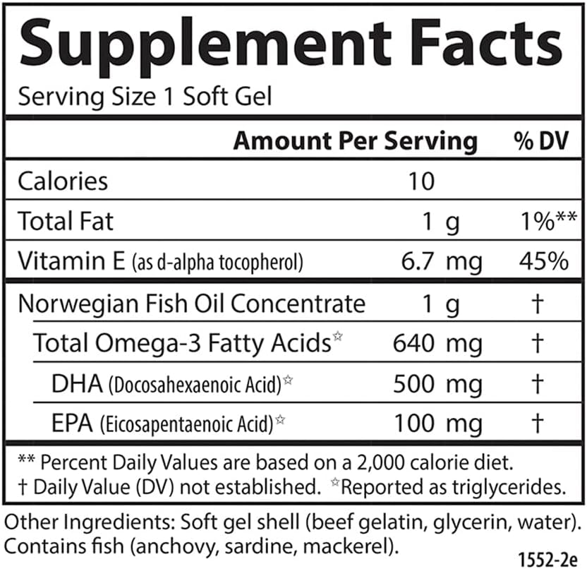 Carlson - Super DHA Gems, 500 mg DHA Supplements, 640 mg Fatty Acids, Wild-Caught Norwegian Arctic Omega 3 Fish Oil Supplement, Sustainably Sourced Fish Oil Capsules, 180 Softgels