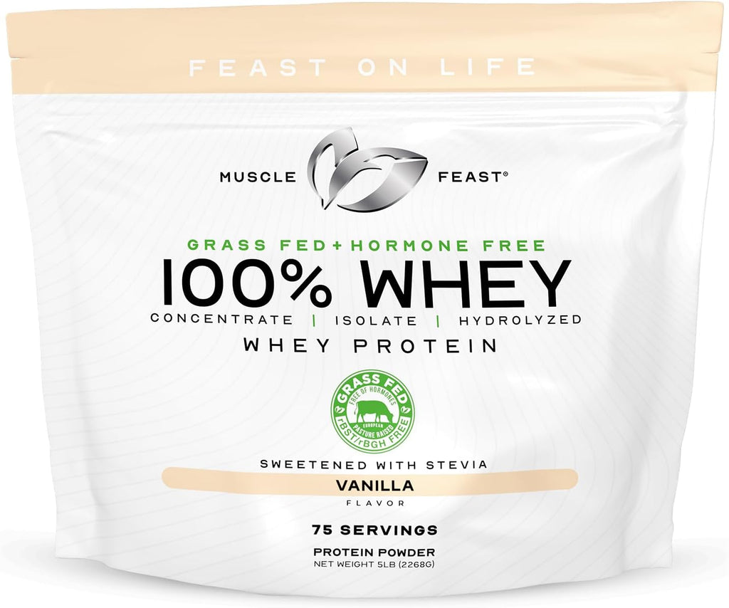 Muscle Feast 100% Grass Fed Whey Protein Powder, All Natural, Hormone Free Paure Raised Whey Protein Powder for Women & Men - Whey Concentrate, Isolate & Hydrolyzed Protein Powder Blend - Vanilla, 5lb