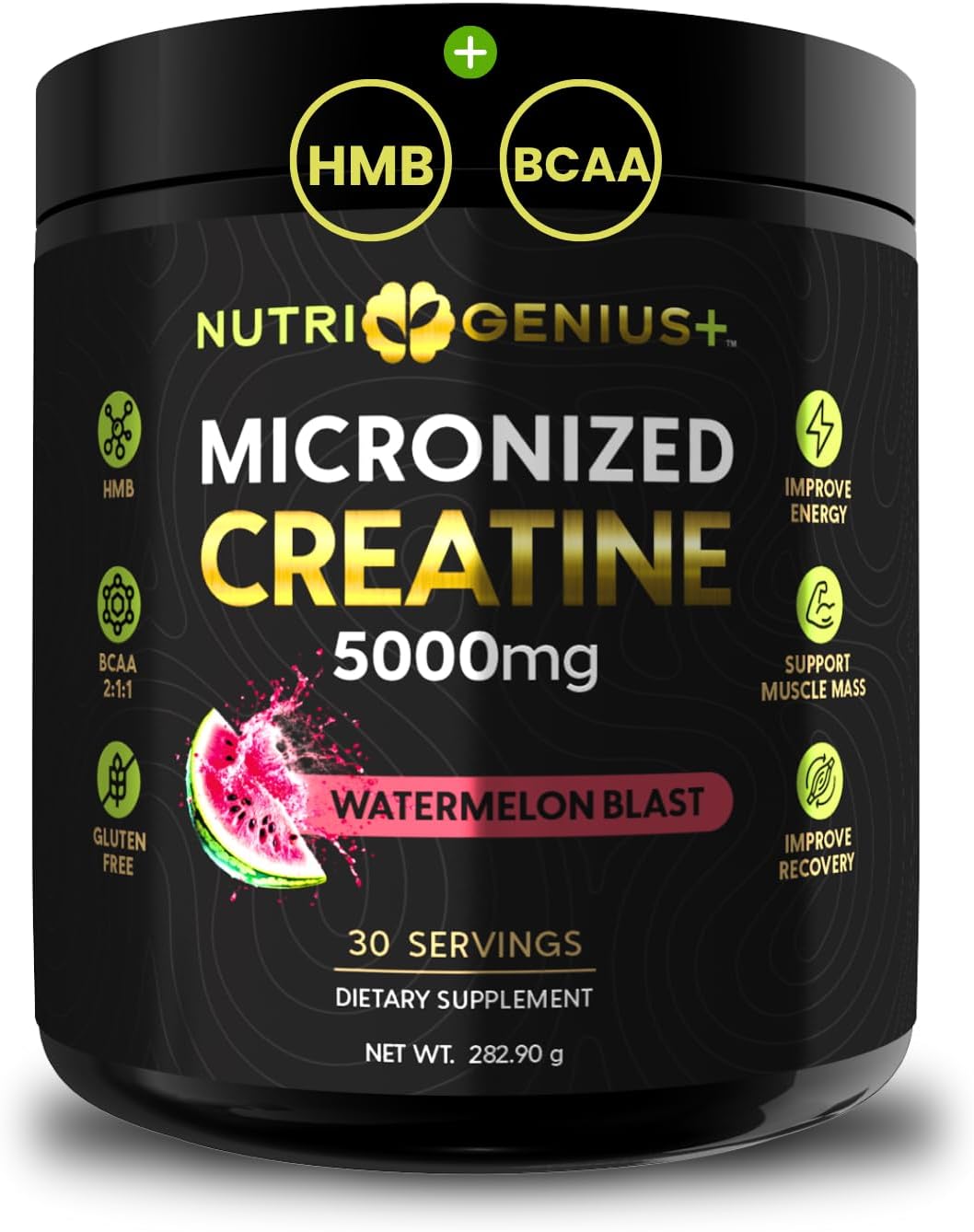 Creatine Monohydrate 5g with BCAAs –Support Muscles, Cellular Energy and Cognitive Function* – Watermelon Micronized Powder – 30 Servings Keto Friendly - Gluten-Free