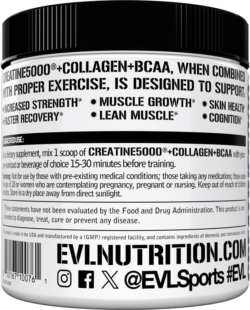 Evlution Nutrition Creatine 5000 + Collagen + BCAA - for Women - Supports Lean Muscle Growth - 5g Creatine Monohydrate, 2g Collagen Peptides & 1g BCAAs Per Serving - 30 Servings - Unflavored Powder