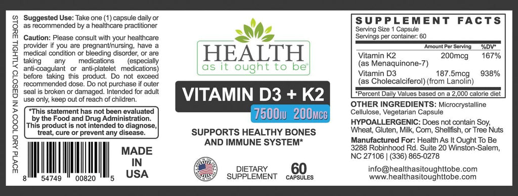 Health As It Ought To Be Vitamin D3+K2 Supplement | Supports Healthy Bones and Immune Health | 60 Capsules