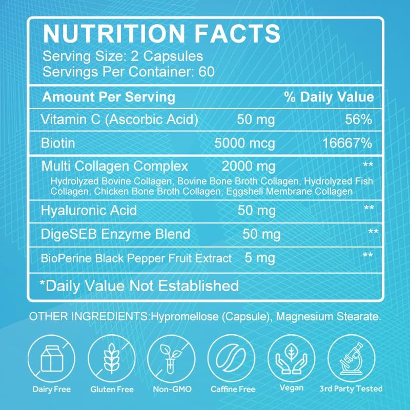 Multi-Collagen Complex + Biotin + Vitamin C – Types I, II, III, V & X – Natural Supplement for Hair, Skin, Nails & Joint Support – 120 Capsules, 60 Day Supply
