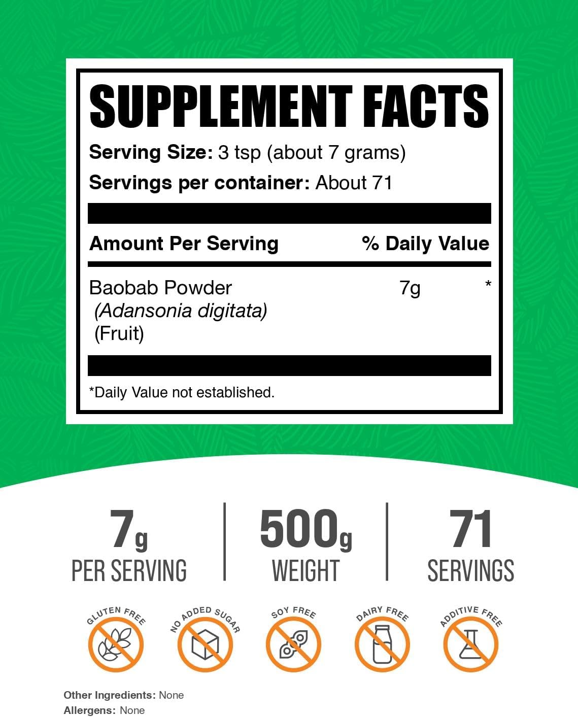 BulkSupplements.com Baobab Fruit Powder - Baobab Supplement, Antioxidant Supplement - Gluten Free, 7g per Serving, 500g (1.1 lbs) (Pack of 1)