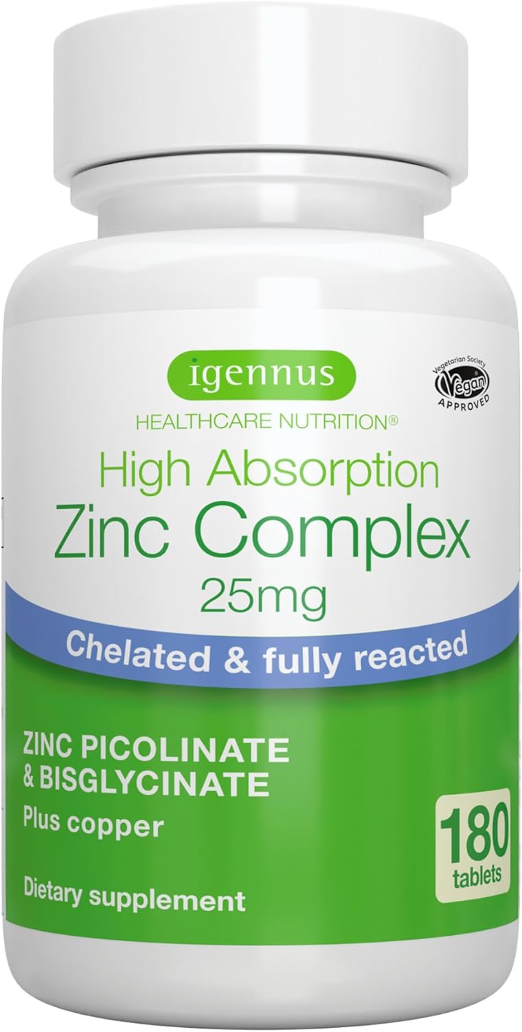 Igennus Chelated Zinc 25mg with Copper, Picolinate & Bisglycinate, Clean Label & High Absorption Complex, Supplement for Women & Men, Vegan, Immune, Skin and Cellular Health, 180 Tablets