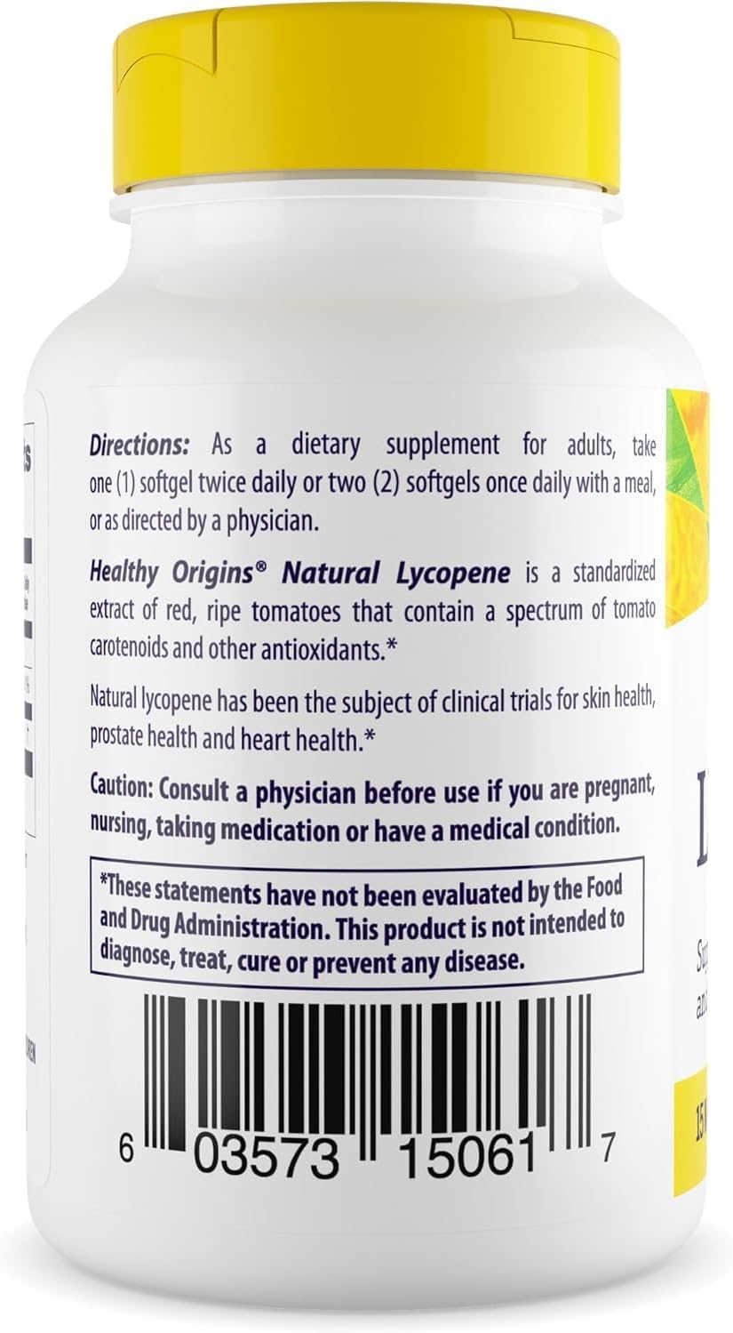 Healthy Origins Lycopene 15 mg (Natural, Non-GMO, Gluten Free, Skin Support, Prostate Support), 60 Softgels