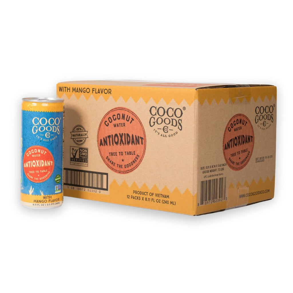 CocoGoodsCo Antioxidant Drink with Coconut Water, Mango – 35mg Natural Caffeine, 0g Sugar, Naturally Sweetened, 10 Calories, with Green Coffee & Vitamin E – 8.11 fl oz Cans (12 Pack)
