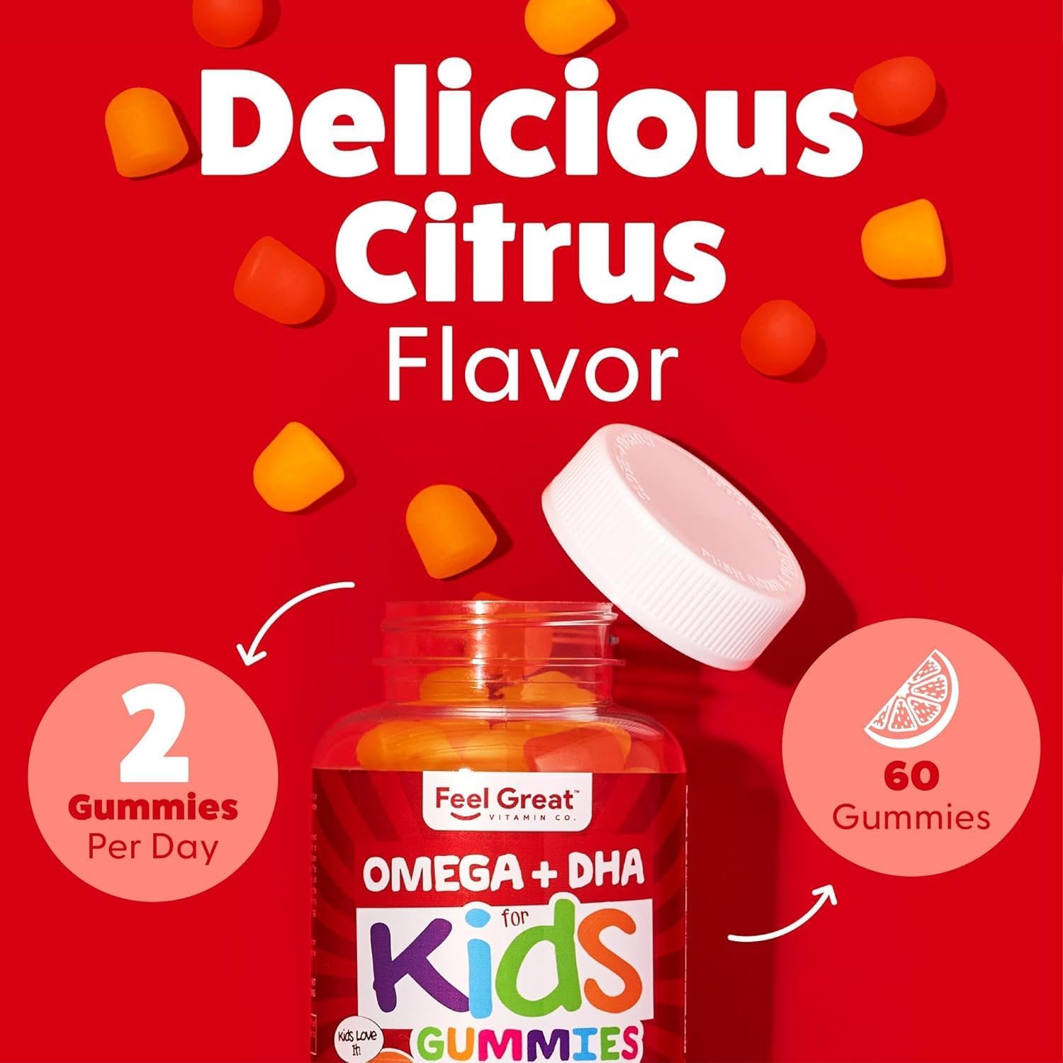 Feel Great Vitamins Kids DHA Gummies with Omega 3 6 9, Vitamin C (2-Pack) | Supports Healthy Brain Function, Vision & Heart Health | Gluten Free, Vegetarian | 60 Gummies