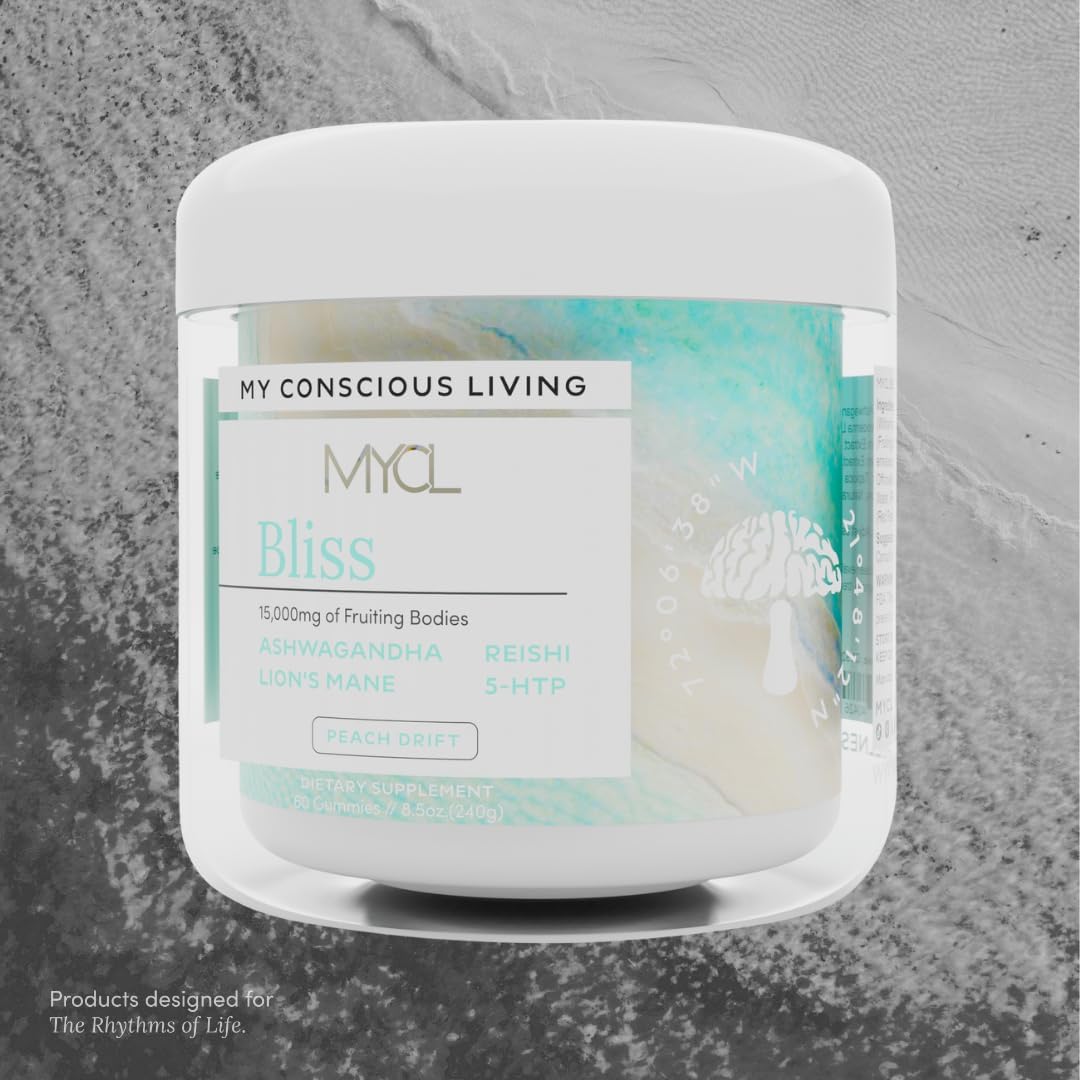MYCL Bliss Mushroom Gummies | 500mg Ashwagandha, Reishi, Lion’s Mane, Lemon Balm & 5-HTP Whole Fruiting Body | Stress Relief, Relaxation & Mood Support | Vegan, Organic, Gluten-Free | 30 Servings