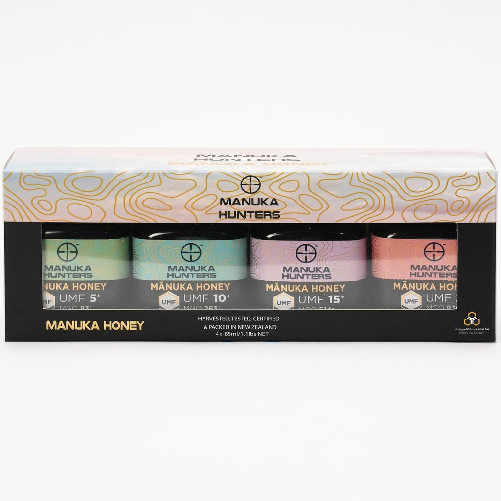Manuka Hunters Raw New Zealand Honey Gift Set 4-Pack Honey Sampler with UMF 5+,10+,15+,20+ (125g = 85ml Each) – 100% Pure Natural Sweetener - Ideal for Tea, Coffee, Smoothies, Baking - Sustainable