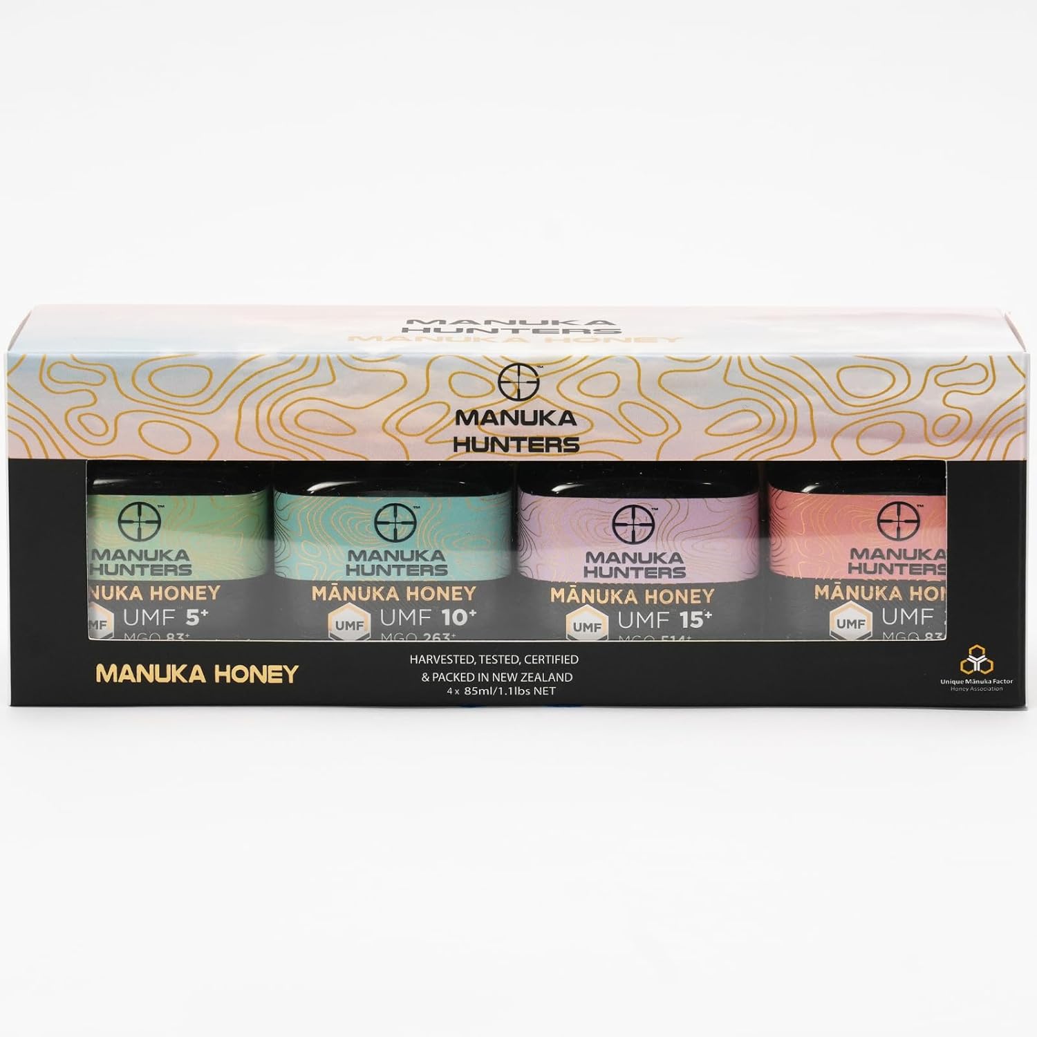Manuka Hunters Raw New Zealand Honey Gift Set 4-Pack Honey Sampler with UMF 5+,10+,15+,20+ (125g = 85ml Each) – 100% Pure Natural Sweetener - Ideal for Tea, Coffee, Smoothies, Baking - Sustainable