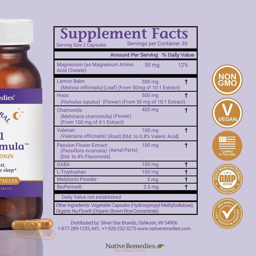 Native Remedies 10-in-1 Natural Sleep Aid for Adults & Kids 4+ – Herbal Sleep Supplement with Melatonin 5mg, Magnesium, Valerian Root, Chamomile & L-Tryptophan – Non-Habit Forming, Vegan, 60 Capsules