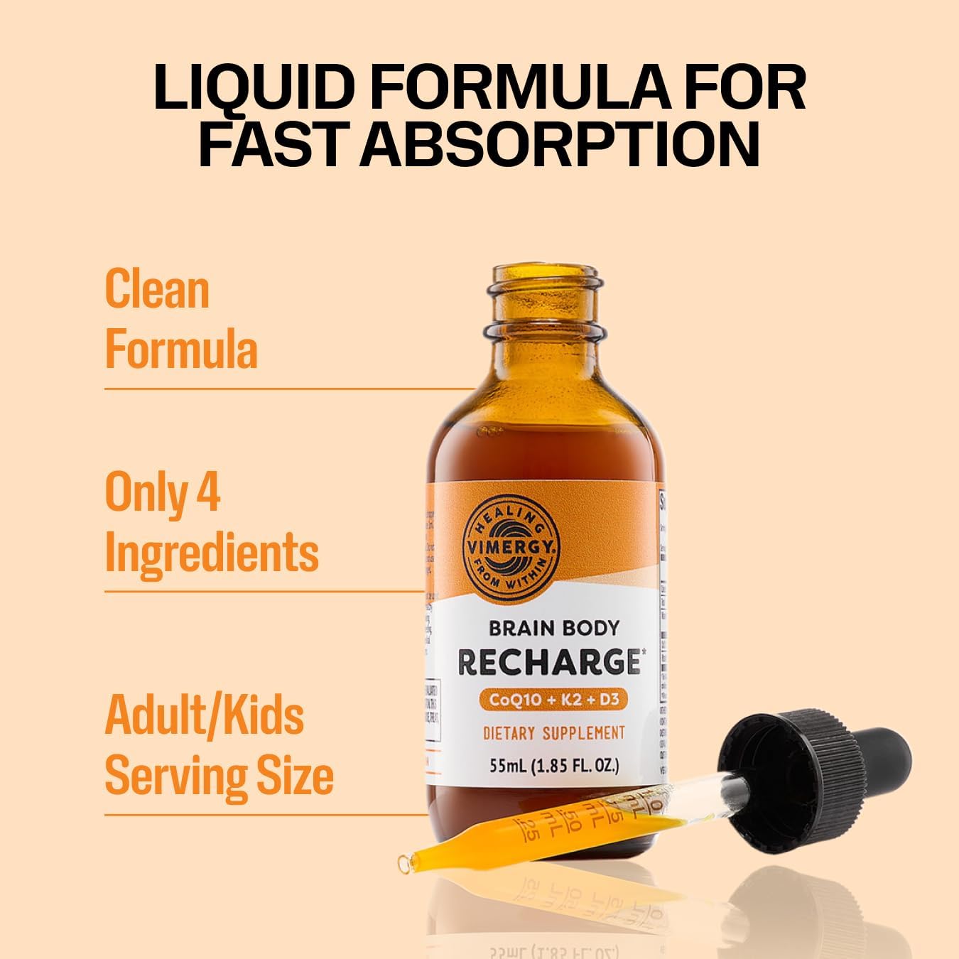 Vimergy Brain Body Recharge - Liquid Coq10 with Vitamin D3 & K2 (Coenzyme Q10 45mg, D3 1000IU, K2 180mcg) Co q 10 Supplement for Women, Men & Kids - Fights Fatigue – 55mL